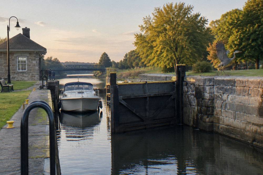 A lock gate closing across a canal chamber with a small boat waiting inside