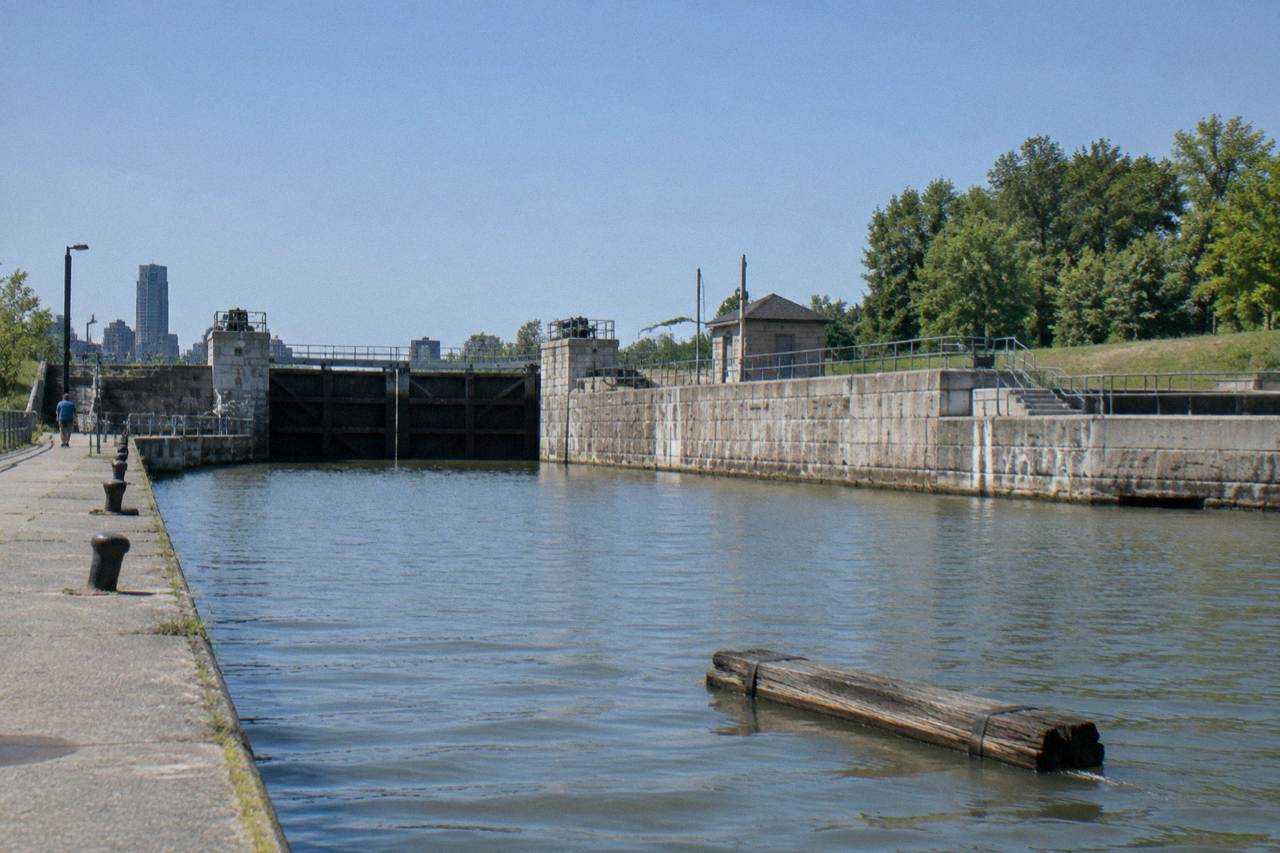 A calm stretch of the Erie Canal with a lock gate and stone walls under a clear sky