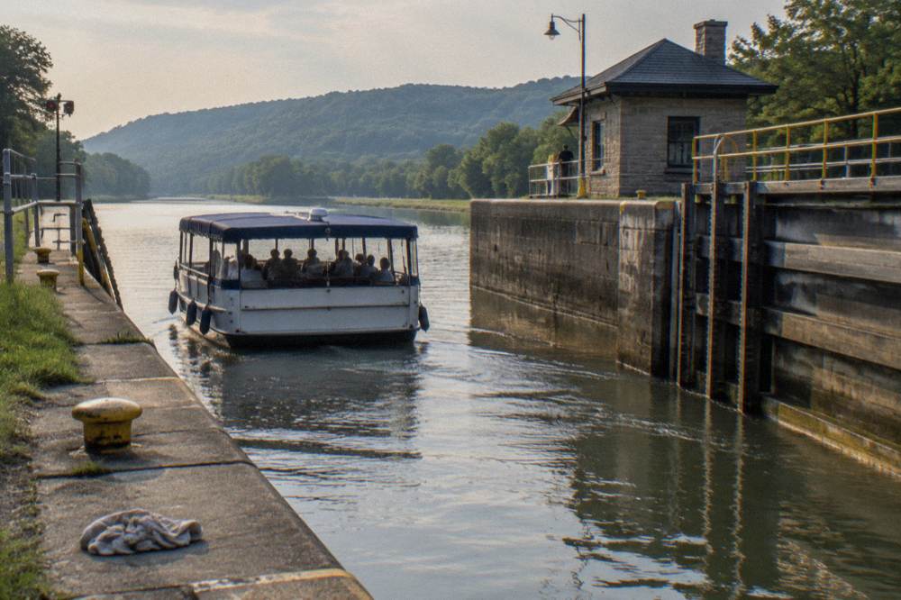 A small cruise boat entering an open lock chamber on the Erie Canal