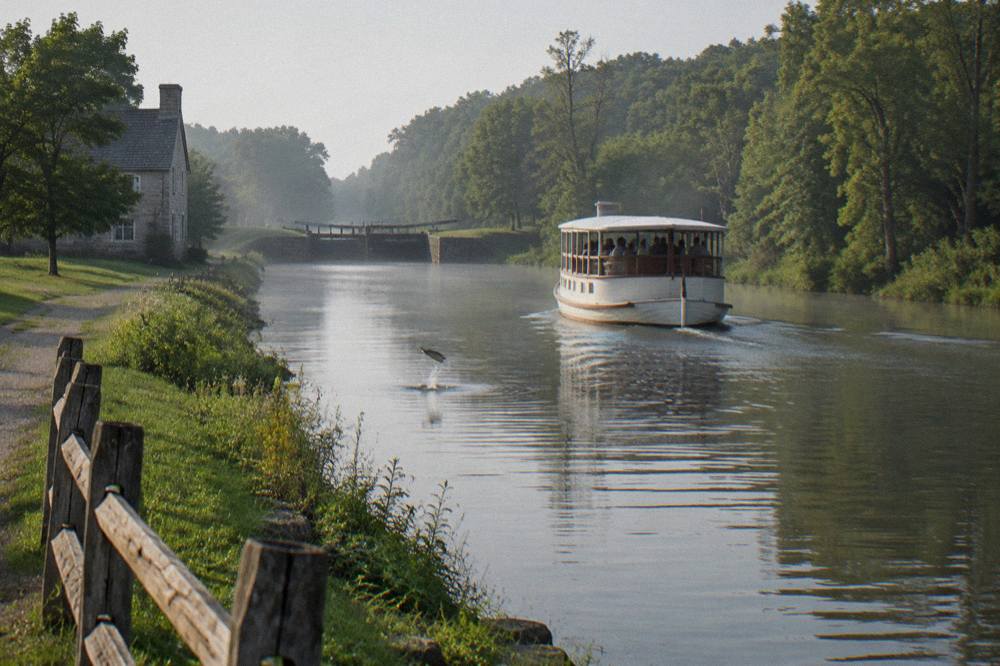 A cruise boat moving along a wide canal channel with forested banks on both sides