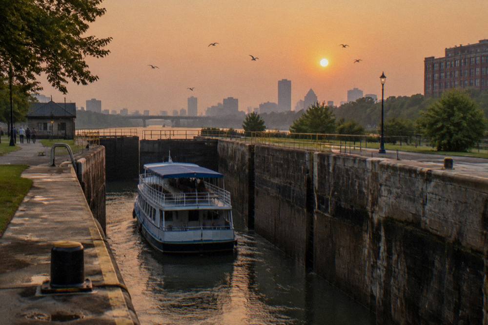 A tour boat moving through an Erie Canal lock as water levels shift around it
