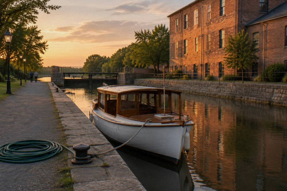 A canal cruise boat tied up beside a stone lock wall in a small canal town