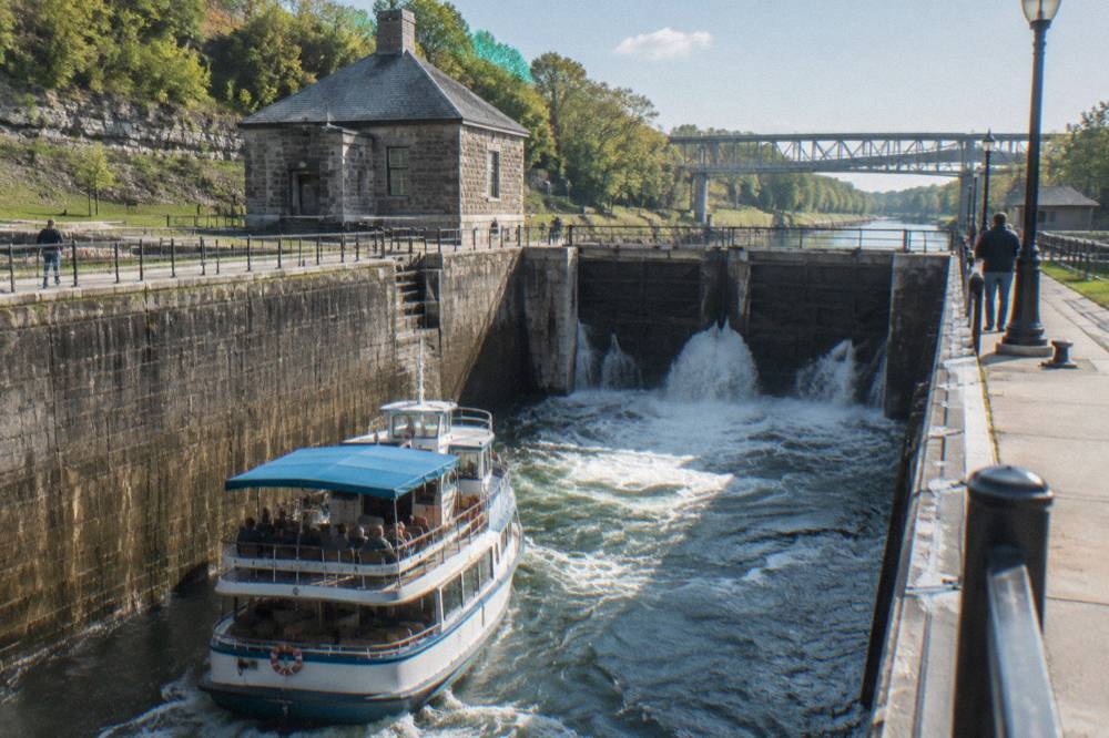 A cruise boat rising inside a stone lock chamber as water fills between closed gates at Lockport