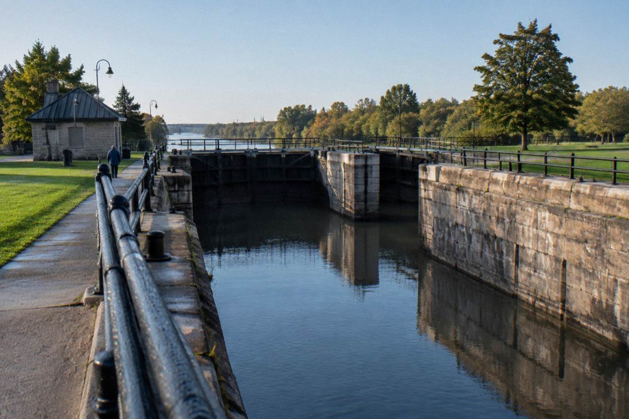 Twin Erie Canal lock gates and stone chamber walls along the Lockport flight on a calm afternoon