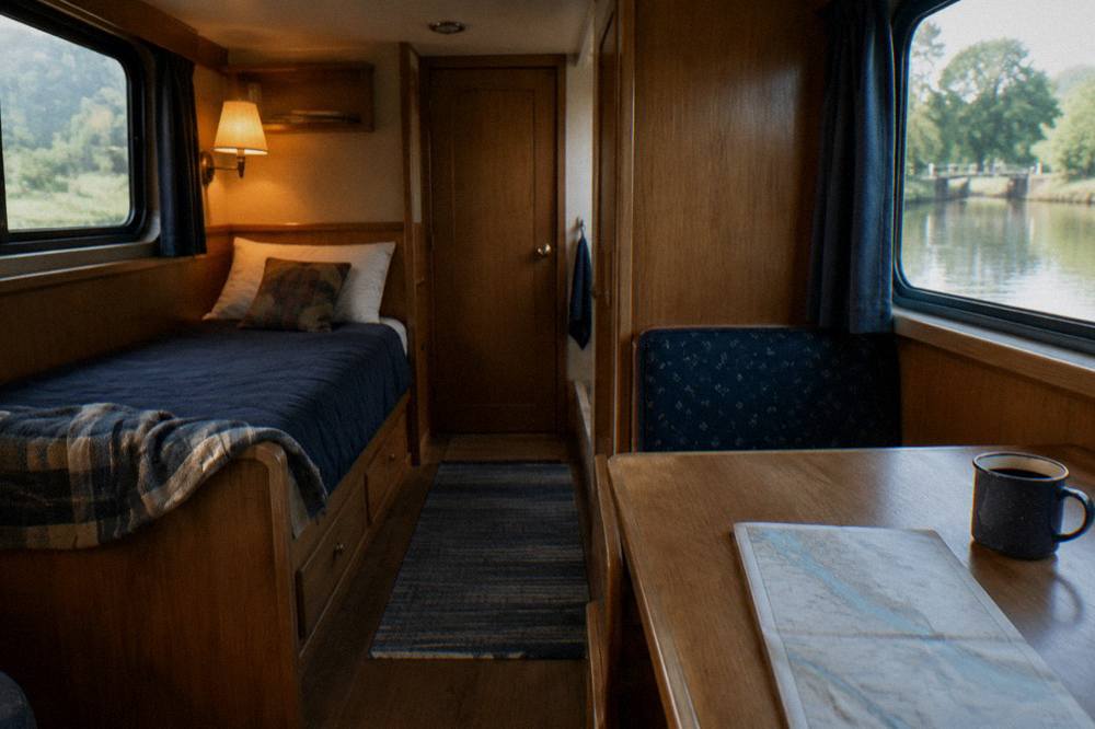 The cabin interior of a canal charter boat with a sleeping berth and a closed bathroom door