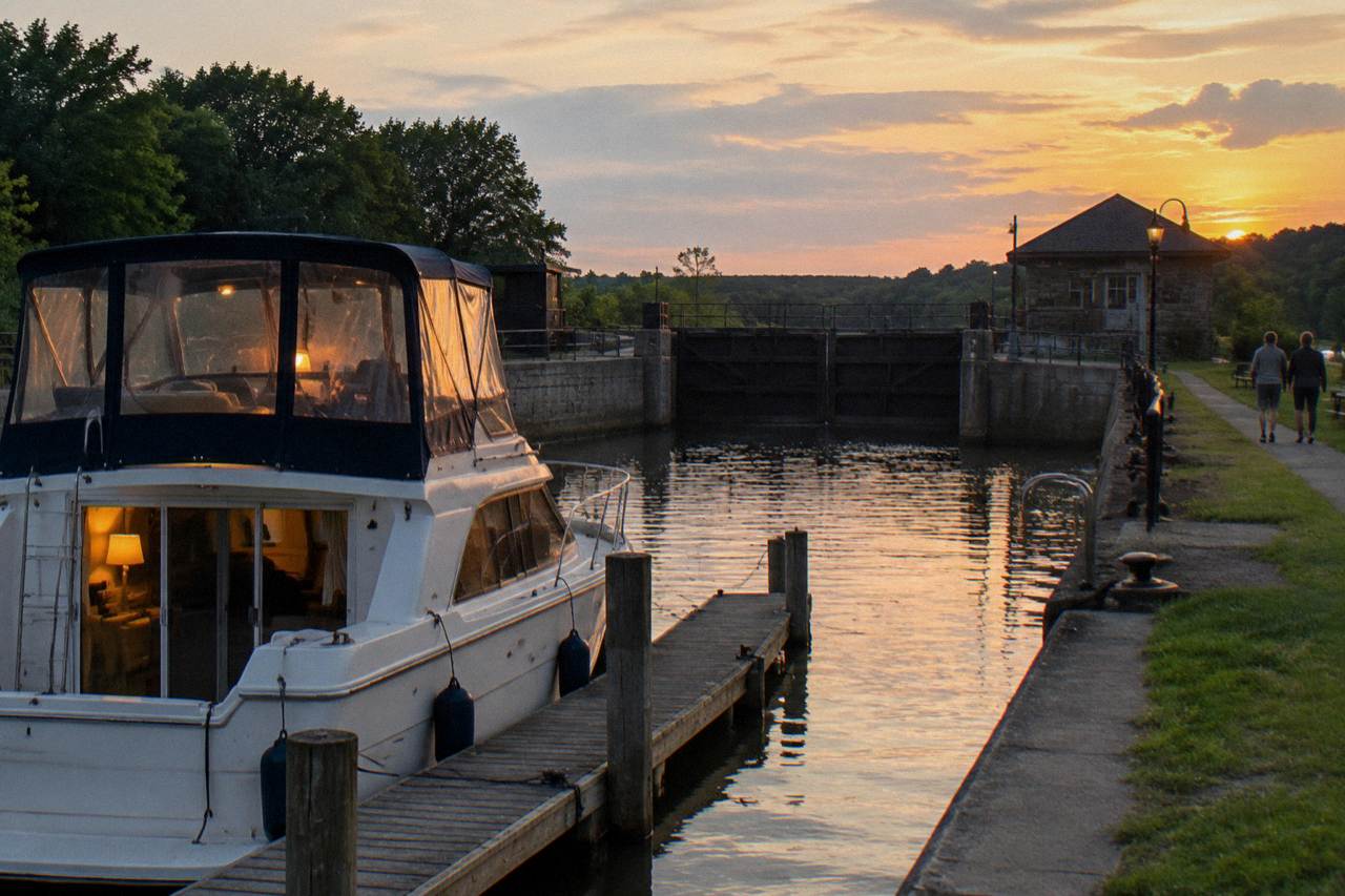 A canal boat moored at a dock on the Erie Canal with a lock gate in the background