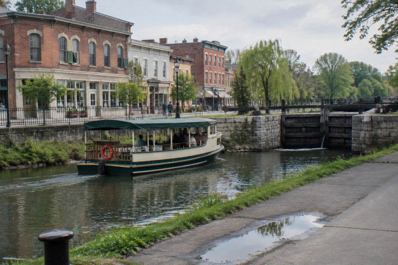 A canal boat passing a stone lock gate beside a small town main street