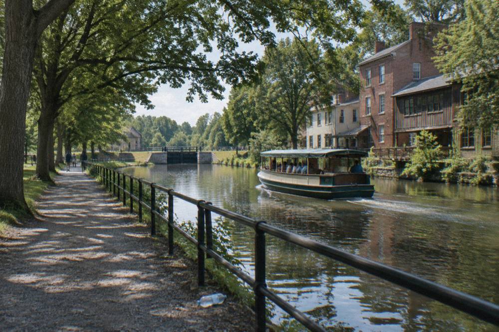 A small canal boat cruising past brick village buildings and a packed towpath lined with trees