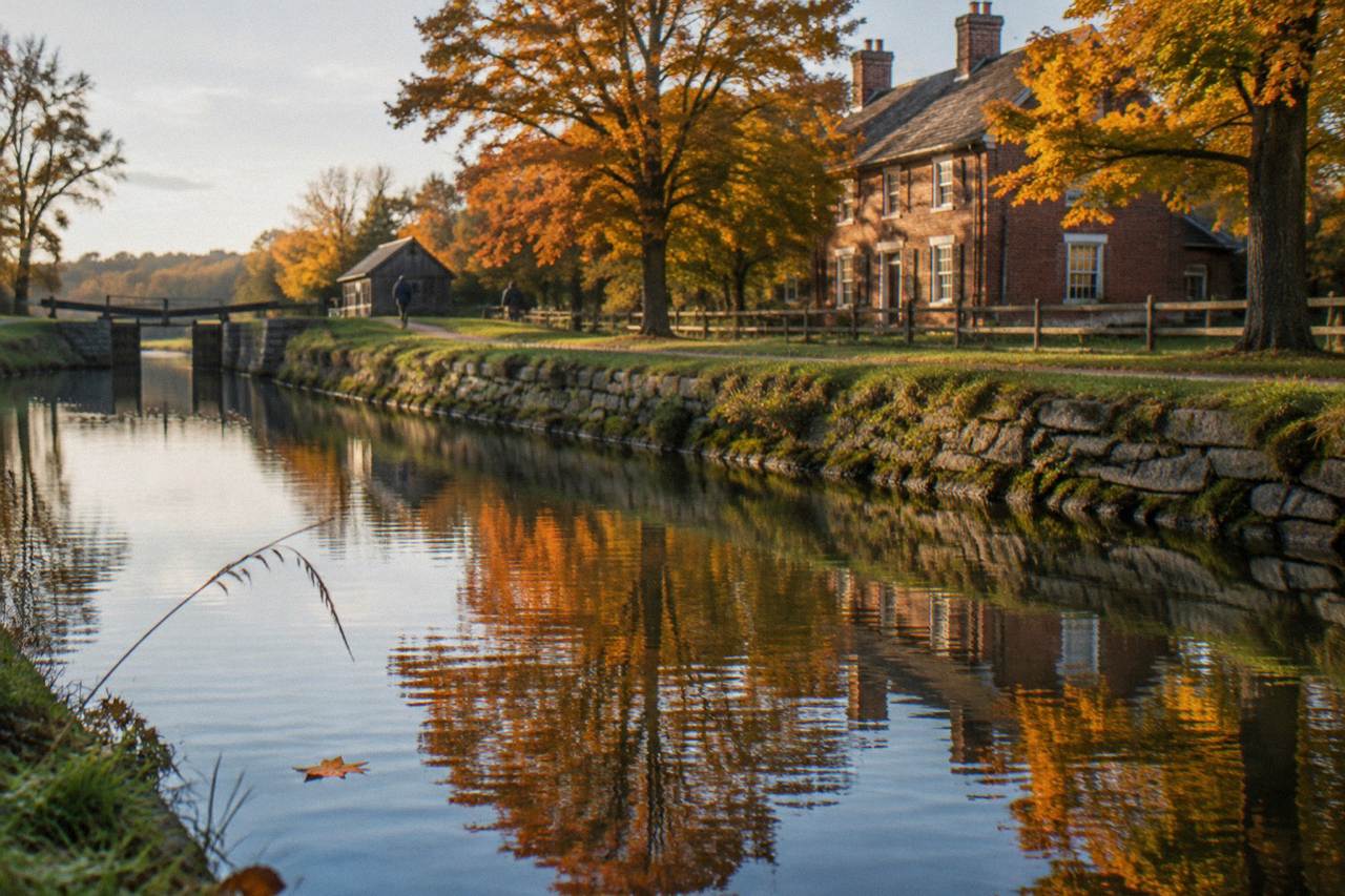 A calm canal channel reflecting autumn trees and a stone embankment beside a village dock