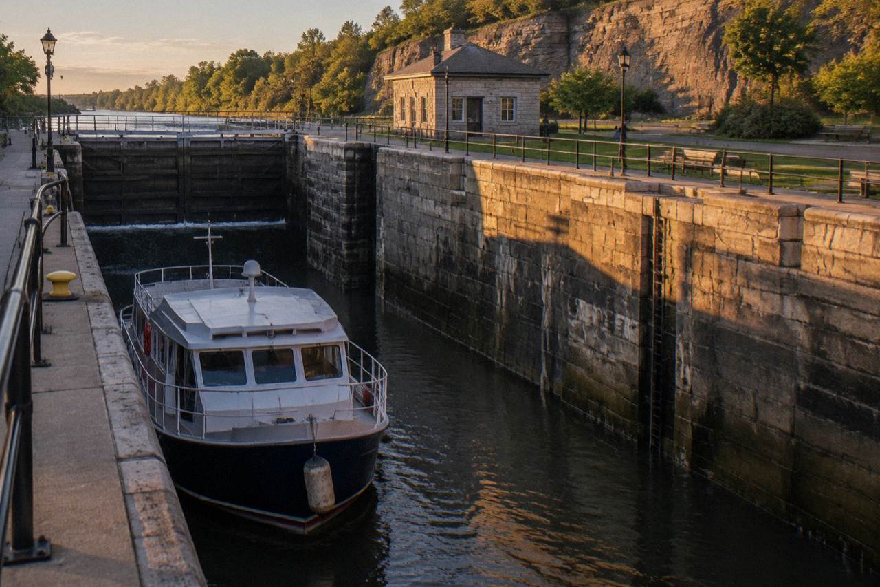 A canal boat rising inside a stone lock chamber as gates hold back the water