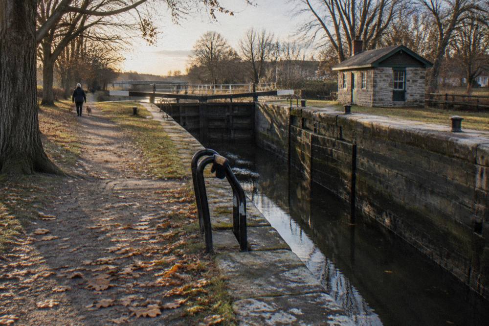 Erie Canal towpath in late autumn with the water level lowered