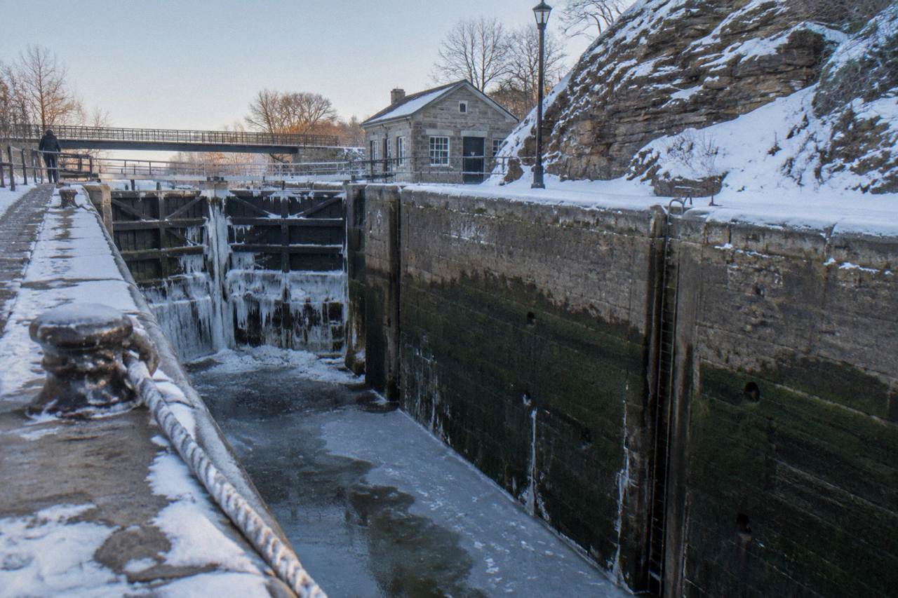 Empty Erie Canal lock chambers at Lockport with water drawn down for winter