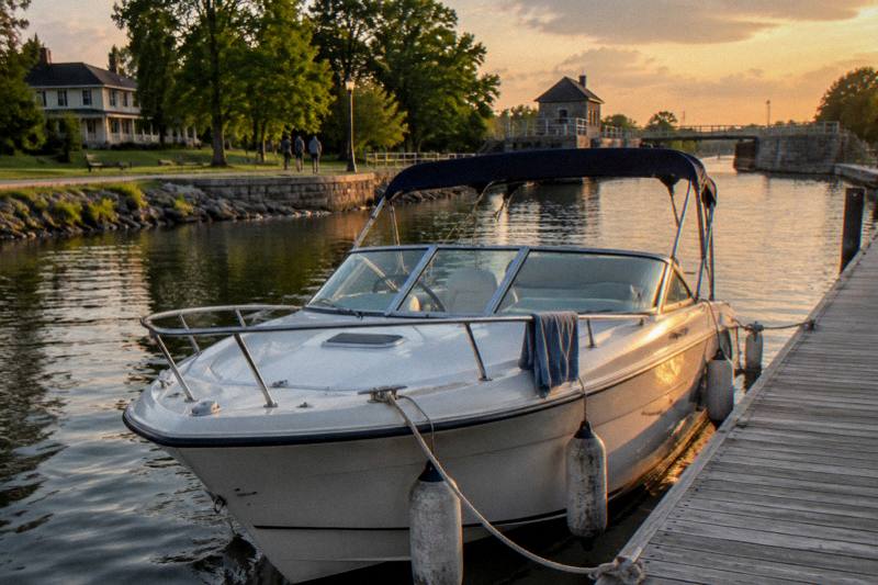 A self-skippered canal boat moored at a town dock on the Erie Canal