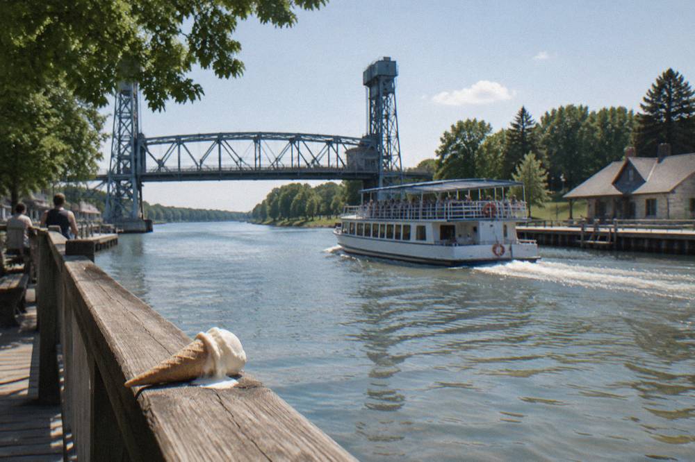 A full canal cruise boat passing a village dock on a busy summer afternoon