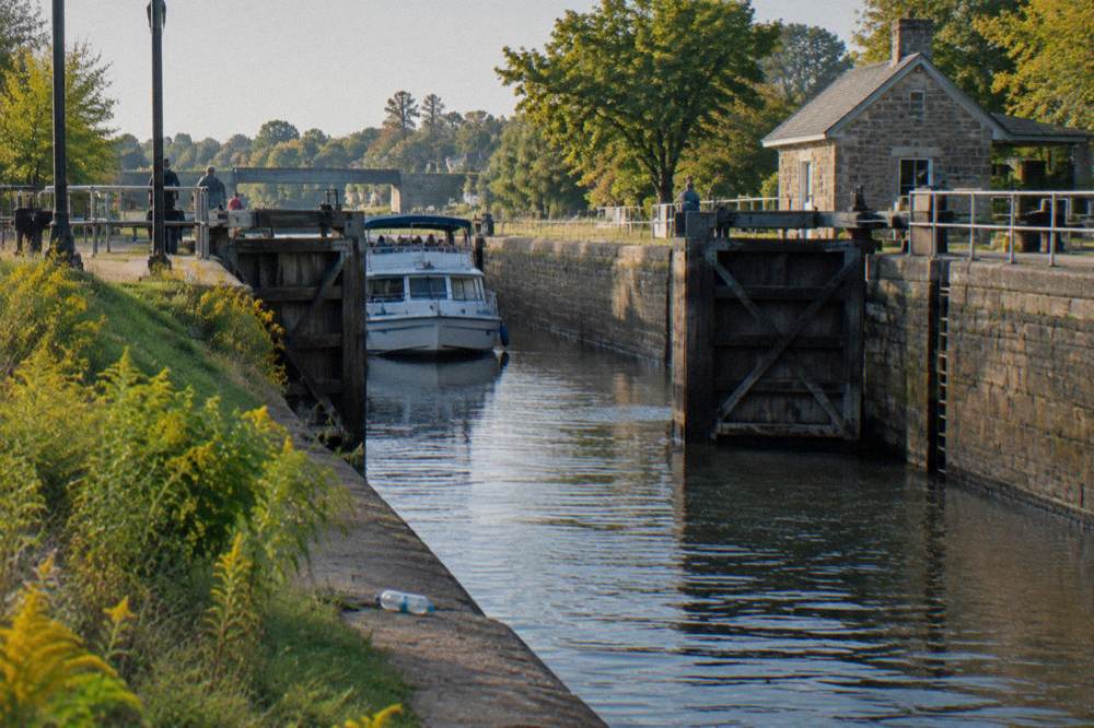 A lock gate swinging open as a cruise boat waits in the chamber