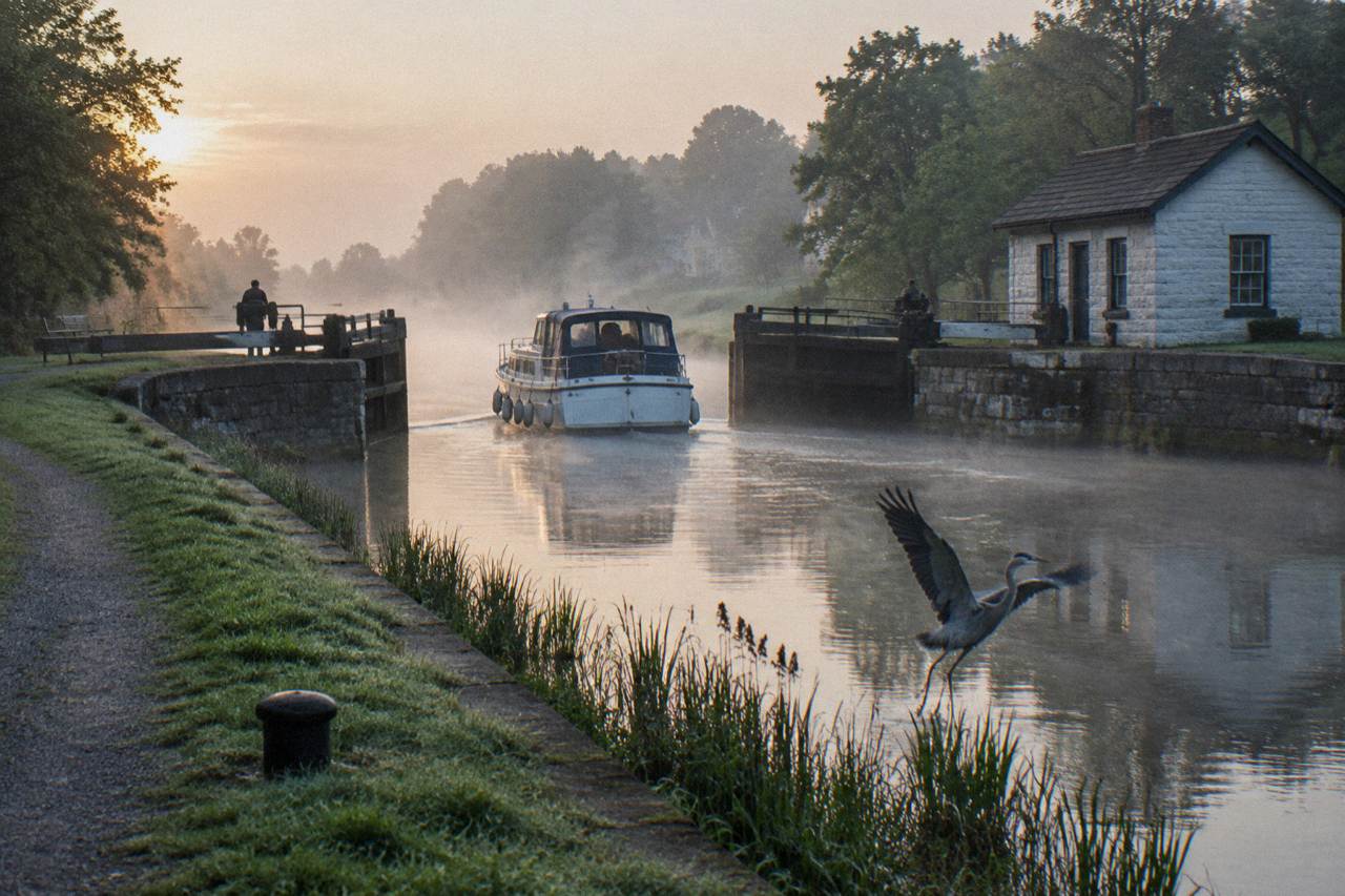 A canal boat passing through a set of Erie Canal lock gates on a calm summer morning