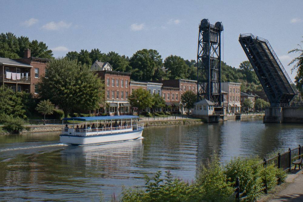 A passenger canal boat cruising past a village main street along a calm canal.