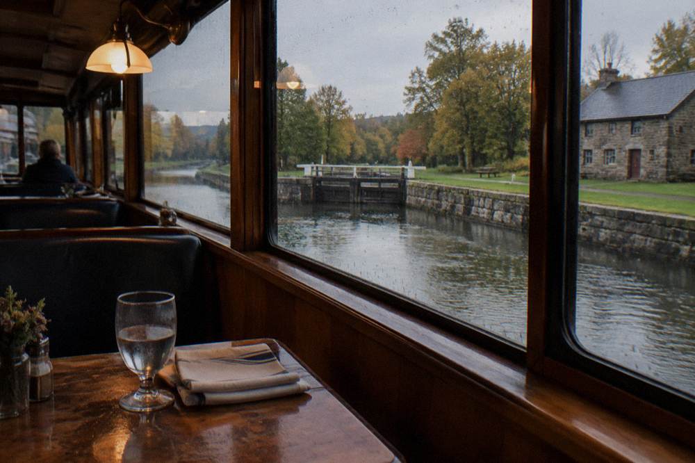 A table set for a meal aboard a canal tour boat.