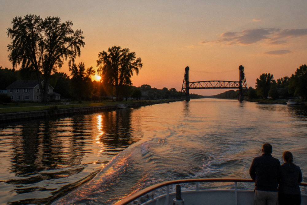 A canal boat cruising at sunset past silhouetted trees and a bridge.