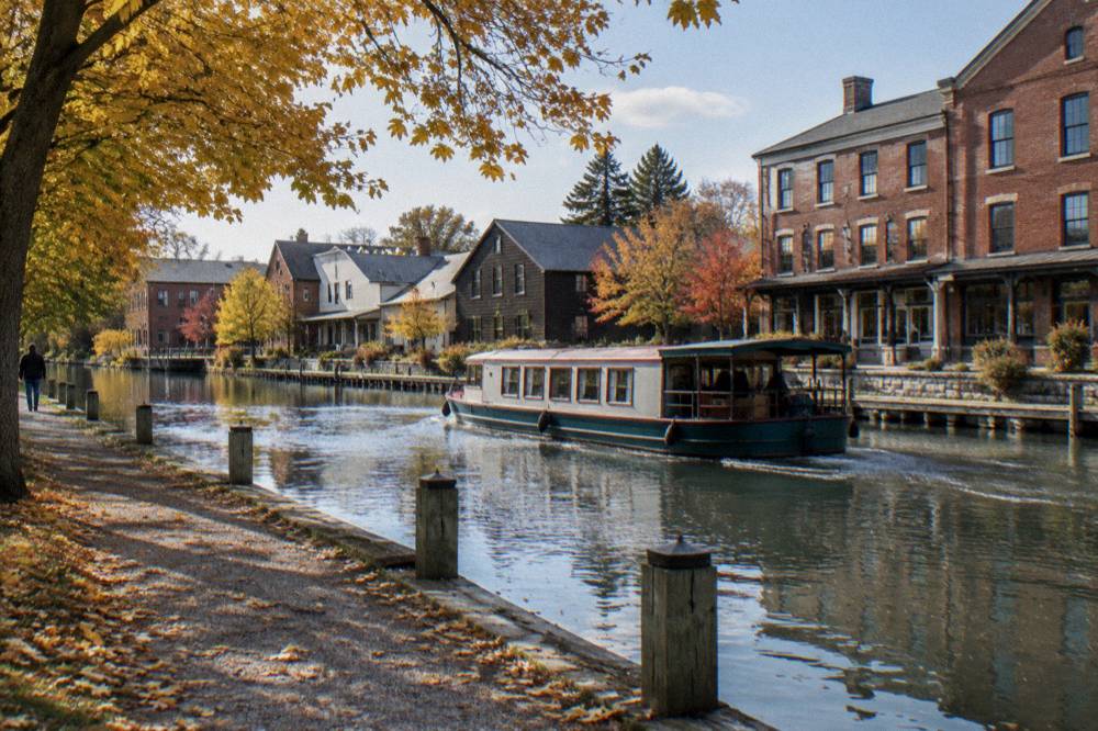 A canal boat cruising past a village main street along the Erie Canal