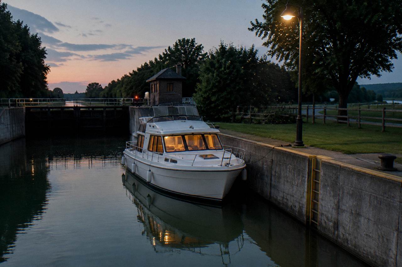 A canal boat moored beside a lock on the Erie Canal at dusk