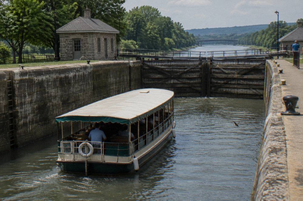 A covered canal boat moving through a wide lock chamber with wooden gates