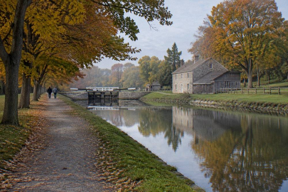 A canal towpath trail running beside still water with trees turning color