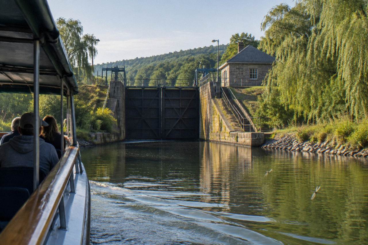 A canal boat approaching a lock gate on a calm stretch of the Erie Canal bordered by green trees