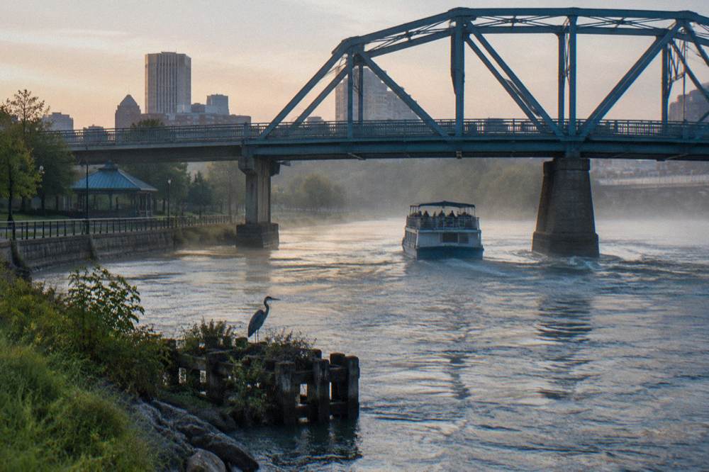 A tour boat passing under a bridge on a wide river with parkland on both banks