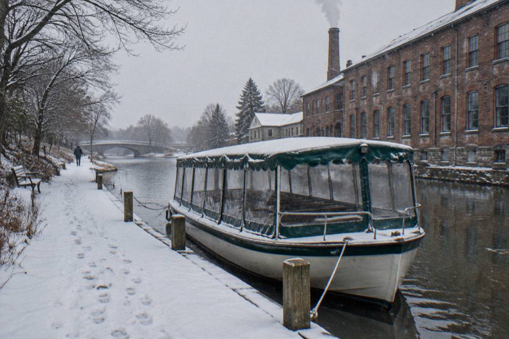 A narrated tour boat tied up at a canal dock beside a village main street