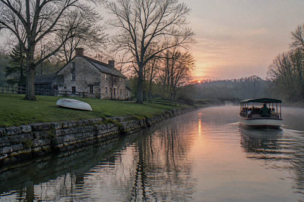 A tour boat on calm canal water in late afternoon light with tree-lined banks