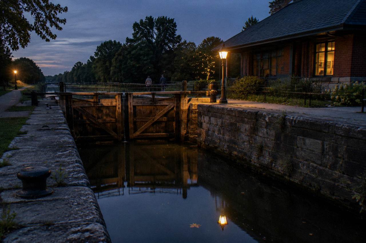 A stone canal lock chamber beside a calm stretch of the Erie Canal at dusk