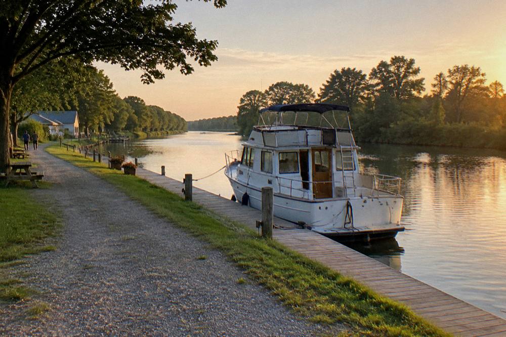 A canal boat tied at a dock in late afternoon light with the channel stretching beyond
