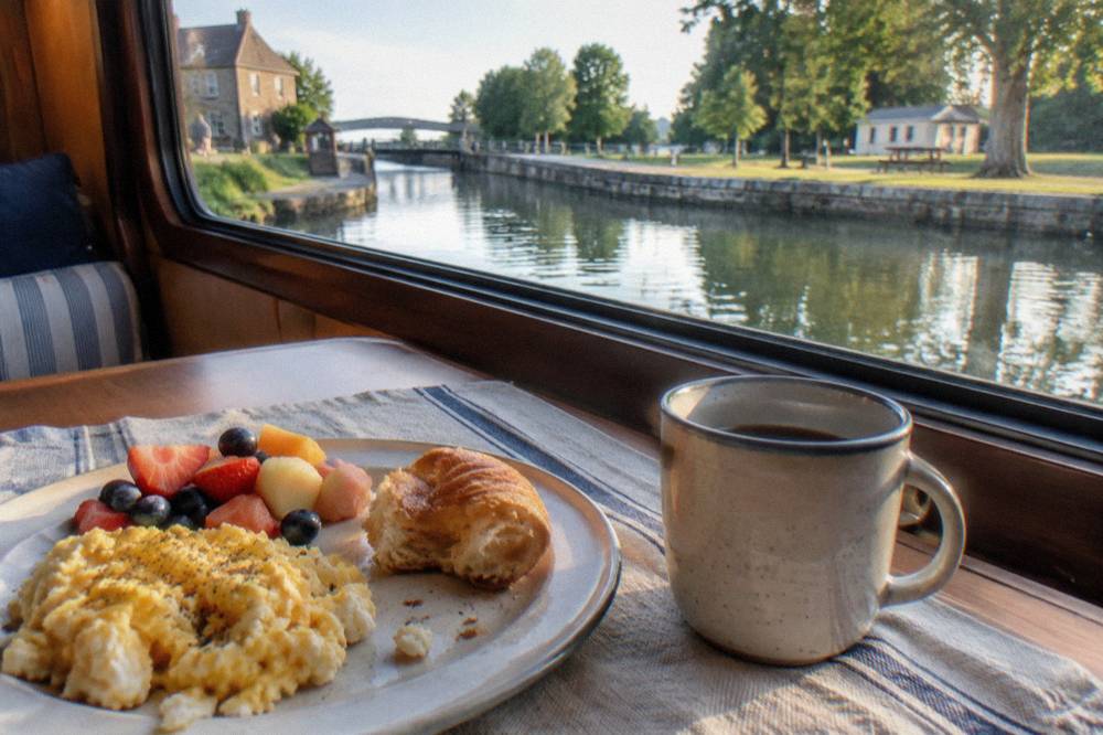A plate of brunch food with eggs, fruit, and a pastry on a table with a canal view through a window