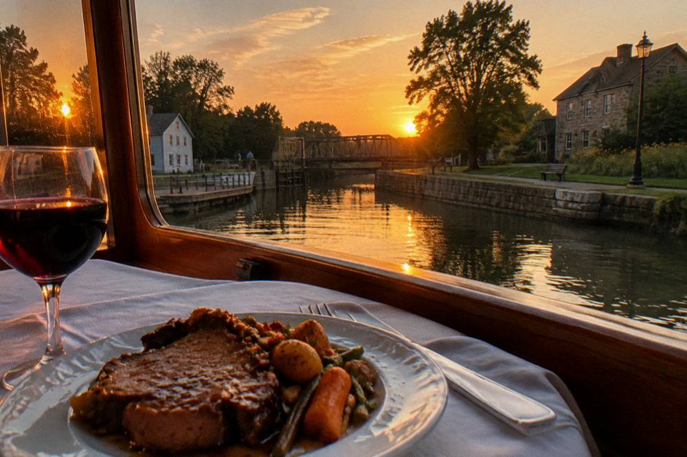 A plate of dinner with meat and vegetables on a white tablecloth on a canal boat, with a glass of wine and a window view of the sunset