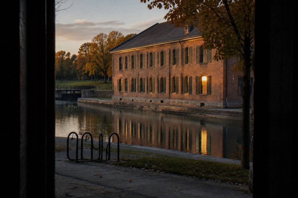 A brick weighlock building with tall windows standing beside a quiet canal basin