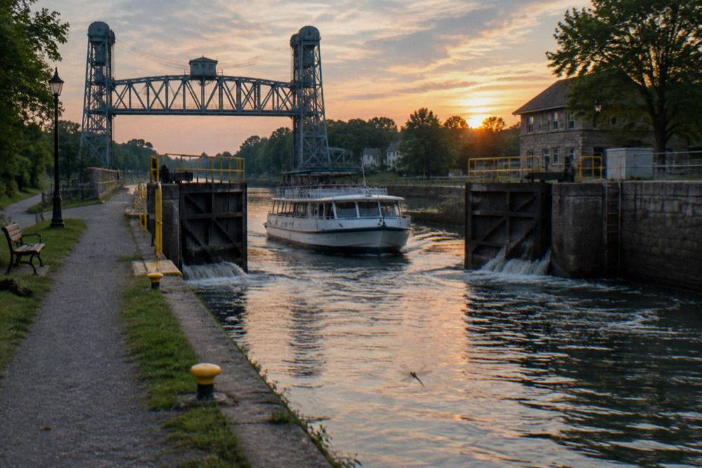 A canal cruise boat passing through an open lock gate with water flowing