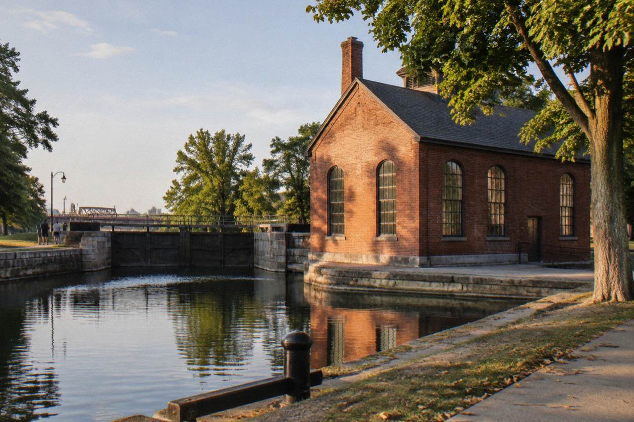 A historic canal weighlock building beside the water in downtown Syracuse
