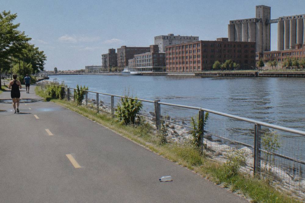 Bicyclists on a packed stone path alongside the Erie Canal