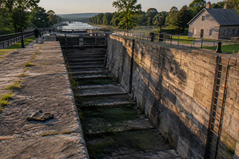 Wide stone lock gates at a canal lock district with a flight of older lock chambers beside a modern channel