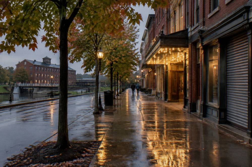 Historic downtown street with brick facades, a theater marquee and trees along the sidewalk