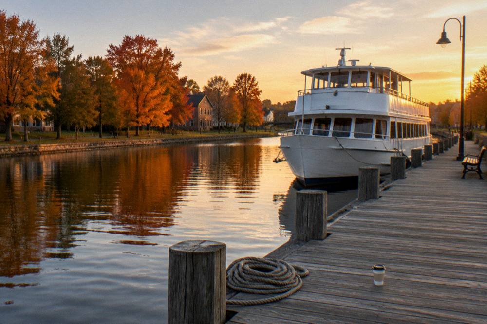 A cruise dock at golden hour with moored boats and fall color along the far bank
