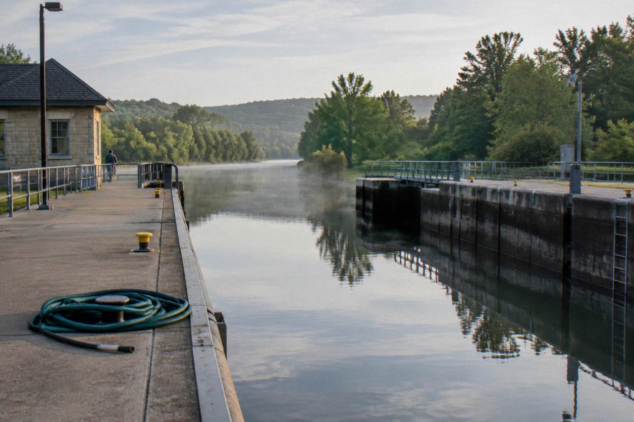 A calm canal channel stretching toward distant tree-lined hills with a lock gate in the foreground
