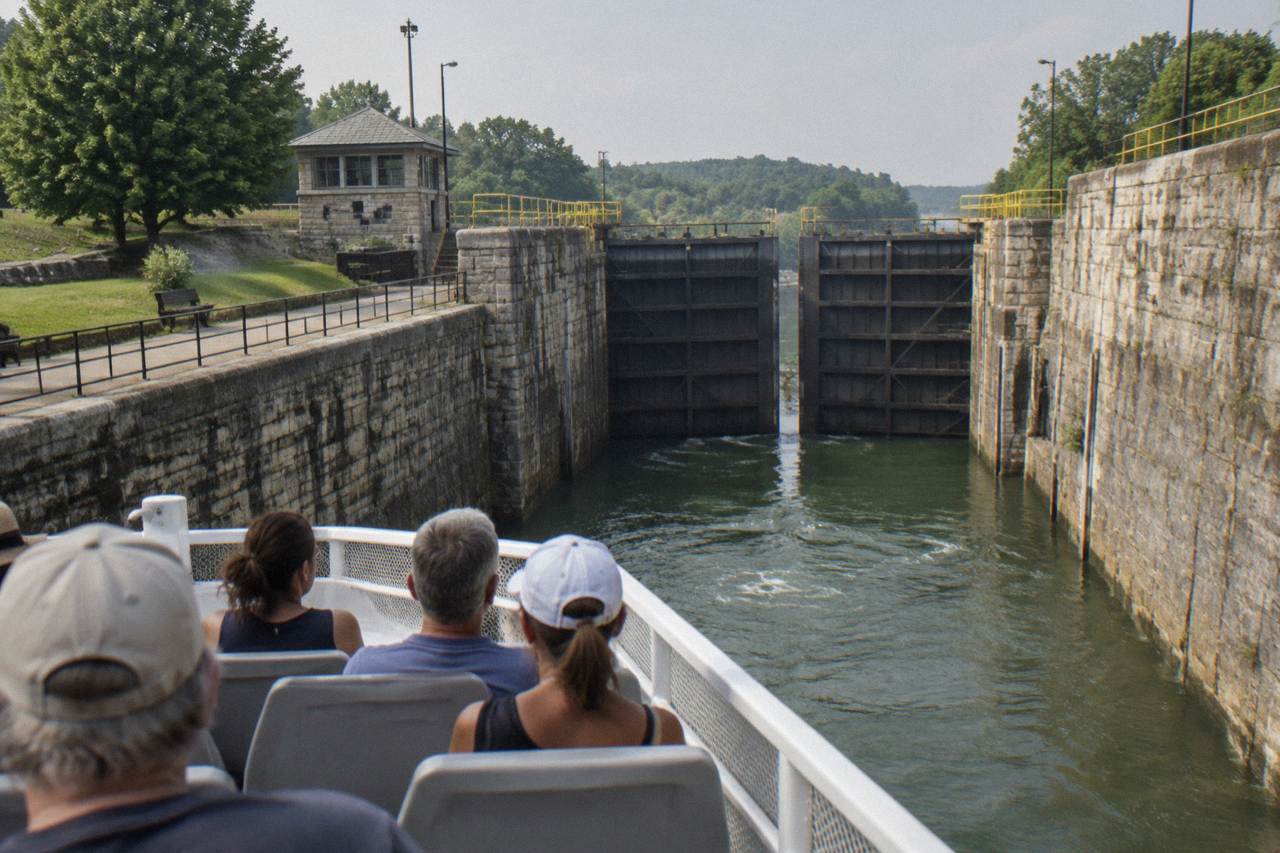 A canal boat passing through a set of steel lock gates on the Erie Canal at Lockport