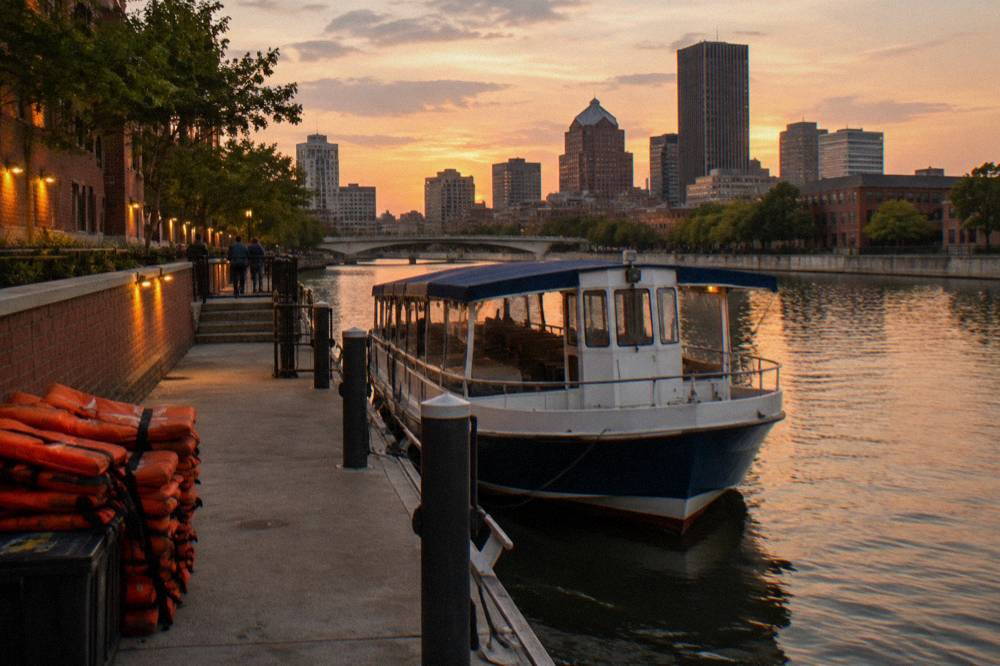 A docked passenger boat at a riverside landing with a city skyline behind it