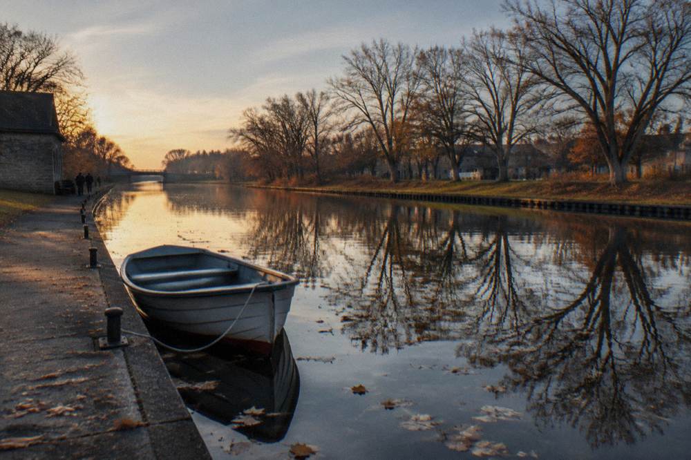 A calm canal channel at golden hour with trees reflected in still water