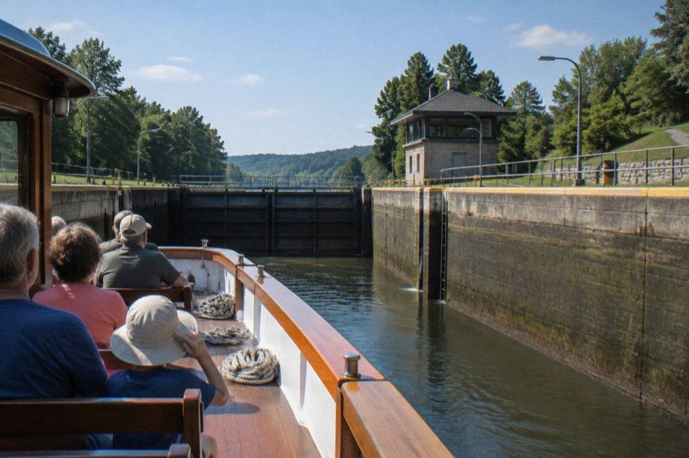Passengers seated on the open deck of a wooden canal boat as it approaches a lock gate.