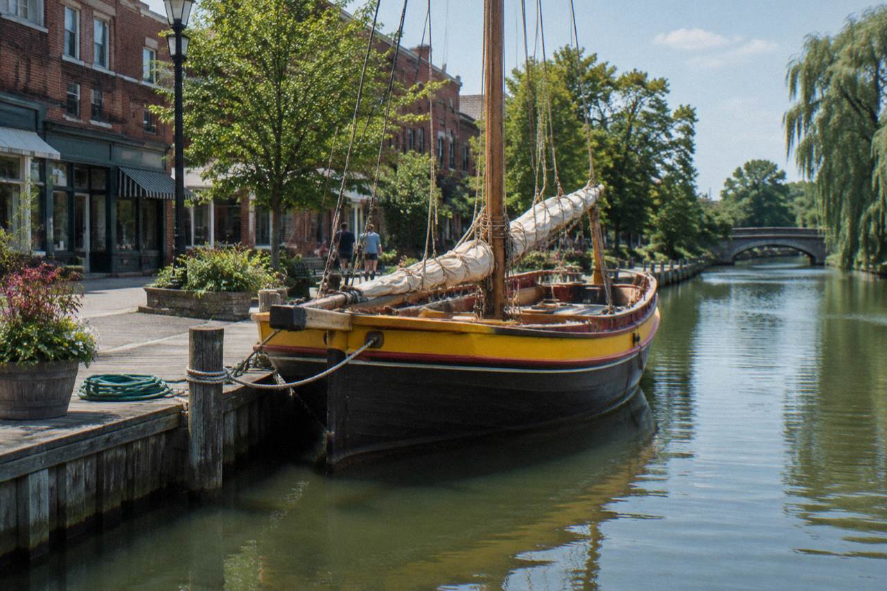A replica packet boat tied up along a canal bank beside a village dock on a bright afternoon.